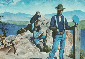 US Army trooper passing a message to another mountain top relay team.